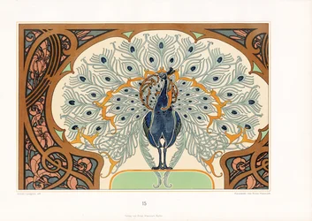 Pavão em moldura ornamental com decoração Arte Nova