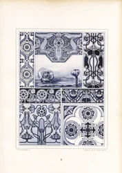 Motivos de papoilas e ornamentos geométricos em tons de azul (litografia)