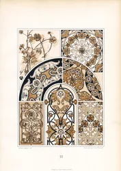 Padrões florais estilizados em tons de dourado e castanho (litografia)