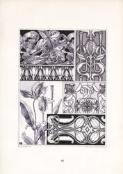 Motivos de lírios estilizados em várias formas ornamentais (litografia)