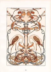 Ornamento Art Nouveau simétrico com libélulas, garças e criaturas míticas (litografia)