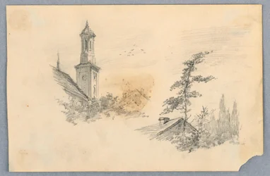 Esboço da torre da igreja e do telhado