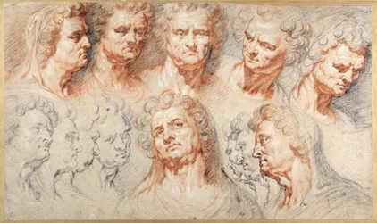 Treze estudos baseados em uma cabeça imperial romana (gizes pretos e vermelhos com tinta marrom sobre papel branco)