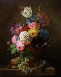 Natureza-morta de rosas, papoilas, azáleas e tulipas. Pintura de Arnoldus Bloemers (1786-1844). Coleção particular.