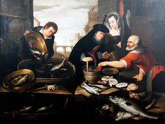Uma banca de venda de peixe (óleo sobre tela)