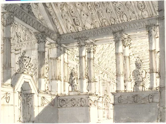 Interior (do templo?) com colunas e estátuas