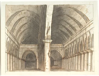 Interior do piso inferior de uma igreja (?) com colunas e abóbada