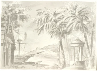 Paisagem costeira tropical com palmeiras, navio e pequeno templo (Buda?)