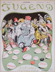 Egg Dance, desenho animado na Primeira Conferência de Paz de Haia, da revista alemã Jugend, 29 de julho de 1899