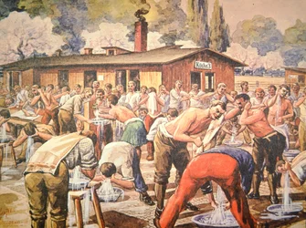 Prisioneiros de guerra aliados em suas abluções no campo de prisioneiros alemão em Geissen (lito colorido)