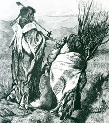 Hiawatha e Minne-Ha-Ha, gravada por Joseph Swain (1820-1909) 1870 (gravura) (foto a p/b)