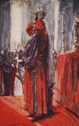 Ele chegou ao altar onde estava a coroa: levantando-a, colocou-a sobre a cabeça, ilustração de 