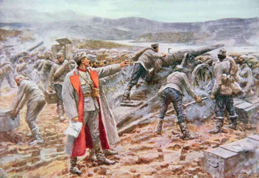 Artilharia sérvia em acção contra os austríacos (cor litho)