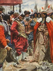 A coroação de Powhatan, ilustração de «This Country of Ours, The Story of the United States», de H.E. Marshall