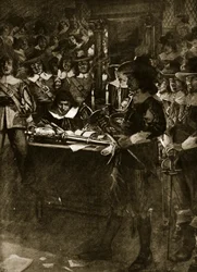 Strafford a entregar a sua espada na Câmara dos Comuns, ilustração de «Story of the British Nation» de Hutchinson, cerca de 1920