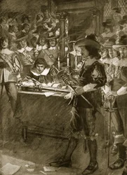 Strafford entregando sua espada para a Câmara dos Comuns, ilustração da "Hutchinson&39;s Story ofthe British Nation", c.1923