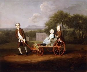 Um retrato de grupo de três dos filhos de Peter e Mary Du Cane, todos pequenos e completos, brincando com um carrinho elaborado para cães, nos terrenos de uma casa de campo, 1747