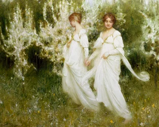 "Inocência" Duas mulheres vestidas de branco, simbolizando a inocência e a pureza, passeiam num jardim. Pintura de Arthur Hacker (1858-1919) (pré-rafaelita) Coleção particular