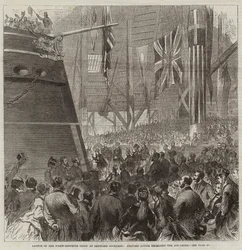 Lançamento do Druida Screw-Corvette no Deptford Dockyard, Princesa Louise liberando o Dog-Shore