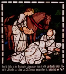 O nascimento de Tristão, de «A história de Tristão e Isolda», William Morris and Co.