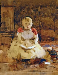 A Young Boy Reading (aguarela e lápis sobre papel)