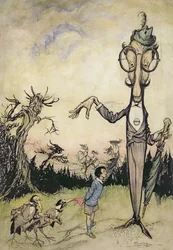 Um gigante com uma criança e dois corvos, ilustração de The Book of Betty Barber de Maggie Brown, publicado em 1910, posteriormente colorida por Harry Rountree, 1878-1950, também uma ilustração para o Book o