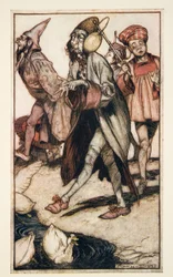 Um cavalheiro laputiano que toma uma caminhada, de viagens de Gullivers por Jonathon Swift (1667 - 1745), bar. 1909