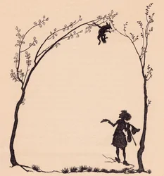 Uma raposa amarrada pelas suas patas a duas aveleiras. Ilustração de Arthur Rackham de Grimm