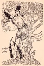Um sujeito terrível, metade do tamanho da árvore pela qual estava de pé. Ilustração de Arthur Rackham de Grimm