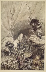 Albrecht conduz um grupo de Nibelungos com tesouros de ouro e prata, de «O Ouro do Reno e a Valquíria»