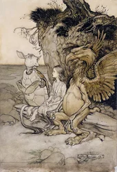 Alice e a Tartaruga Mock, ilustração de Alices Adventures in Wonderland, 1907 (caneta e tinta e wc no papel)