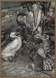 Alice e os animais após a Corrida Caucus, incluindo um dodó, um pato, um rato, um corvo e um papagaio.