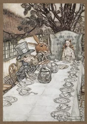 Alice na festa de chá do Chapeleiro Louco com a Lebre de Março, o Arganaz e o Chapeleiro Louco