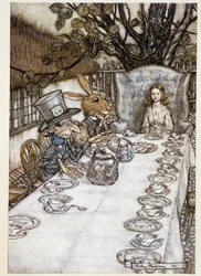 Alice toma o "nos tolos" (The Hatter and the Mars Lievre) - em "The Adventures of Alice in Wonderland", Lewis Carroll, doente. por Arthur Rackham (1867-1939)