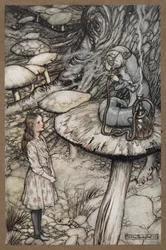 Alice a falar com a Lagarta, sentada num cogumelo a fumar um cachimbo