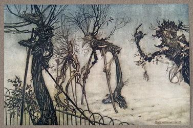 Um sabugueiro atravessou o caminho a coxear e parou para conversar com algumas crianças pequenas ..., de Peter Pan nos Jardins de Kensington, de J. M. Barrie (1860-1937), publicado em 1906