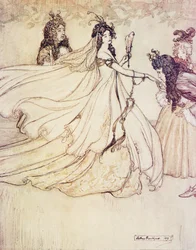 Ashenputtel vai para a bola, de The Fairy Tales dos irmãos Grimm, pub. 1909