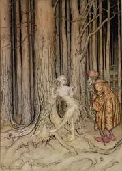 Finalmente ela conheceu o noivo que estava voltando lentamente, ilustração para Fitchers Bird, de Little Brother, Little Sister, pelos irmãos Grimm, 1917 (wc e caneta e tinta no papel) (veja também 28797)