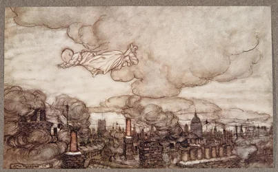 Fora ele voou direto para as casas dos jardins, de Peter Pan em Kensington Gardens por JM Barrie (1860 - 1937), pub. 1906