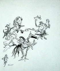 Aves, bestas e peixes se apressavam em massa confusa", ilustração de "The Zankiwank and the Bletherwitch", de S.J. Adair Fitzgerald, publicado em 1896 (caneta e tinta sobre papel)