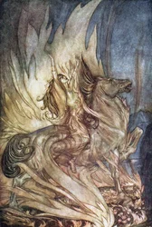 Brünnhilde em Grane pula na pira funerária de Siegfried. Ilustração para Siegfried e The Tw