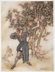 Burthen (dispersedly) Hark Hark !, ilustração de William Shakespeares a tempestade, pub. 1926