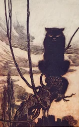 De dia ela se transformou em uma gata, dos contos de fadas dos Irmãos Grimm, pub. 1909