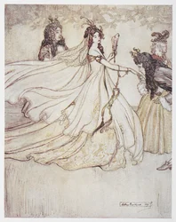 Cinderela (Ashenputtel) com um vestido de baile.
