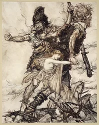 De repente, Fasolt agarra Freia e arrasta-a para um lado com Fafner, ilustração de "O Reno e a Valquíria", 1910