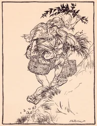Gemendo continuamente, ele subiu a montanha. Ilustração de Arthur Rackham de Grimm