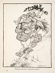 Gemendo continuamente, ele subiu a montanha, de Little Brother & Little Sister e Outros Contos dos Irmãos Grimm, pub.1917 (litho)