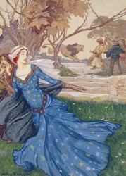 Guinevere Resgatado por La Cote Male Taile, ilustração de Uma Coleção de Histórias de Contos de Fadas Velhos: Grimm, Andersen e Histórias do Rei Arthur, publicado em 1905 (bodycolour no papel)