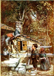 Hansel e Gretel e a bruxa à porta da sua casinha