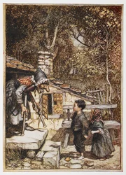 Hansel e Grethel na casa da velha mulher.